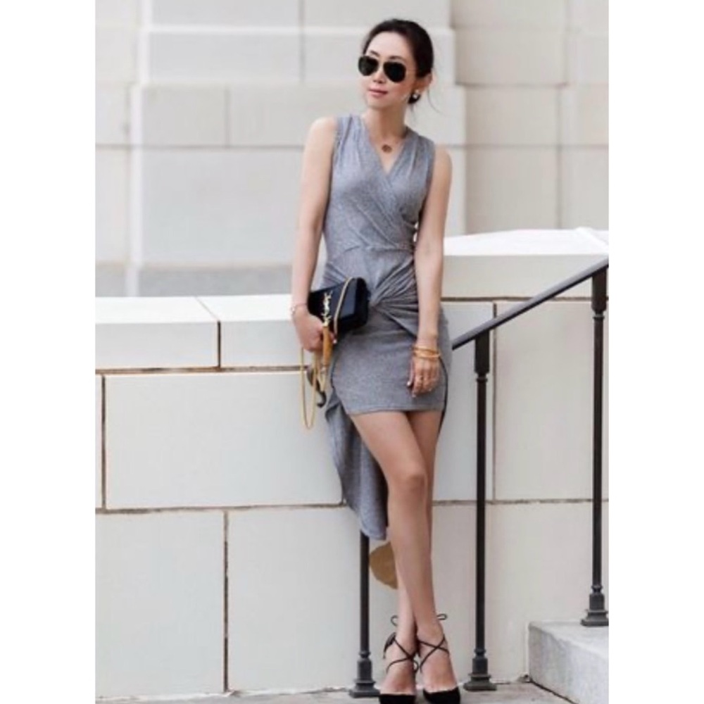 Leith Front Knot High Low Dress in Gray Size Large Bodycon Figure Flattering
